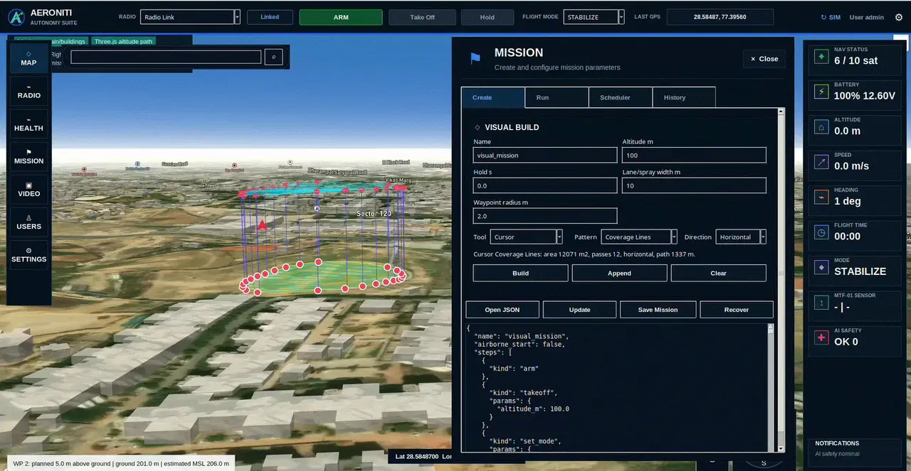 Actual Aeroniti Command One mission-planning and live-supervision interface