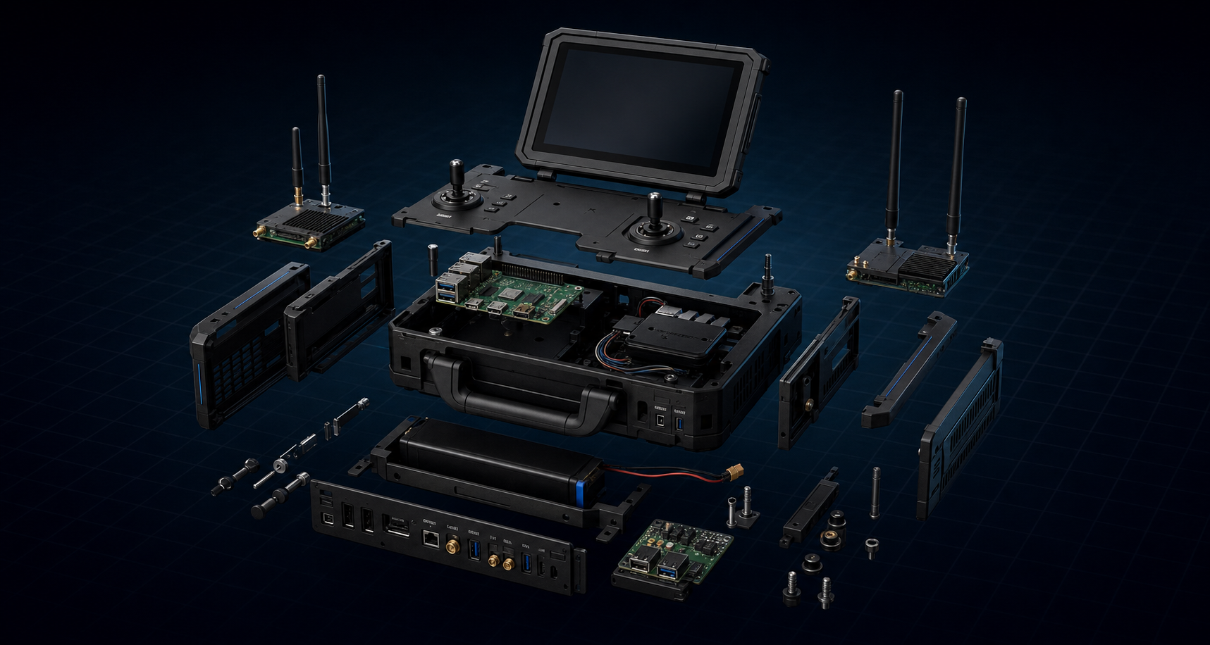 Exploded view of Aeroniti Command One controller hardware, display, compute, radios, battery, controls, ports, and rugged enclosure