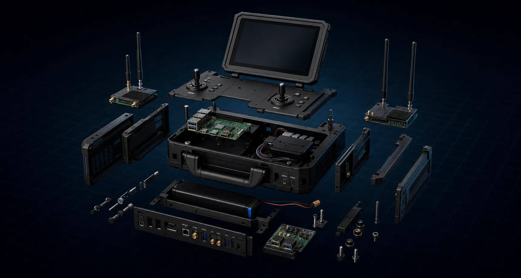 Aeroniti Command One drone ground control system with display, compute, telemetry, video, and battery hardware